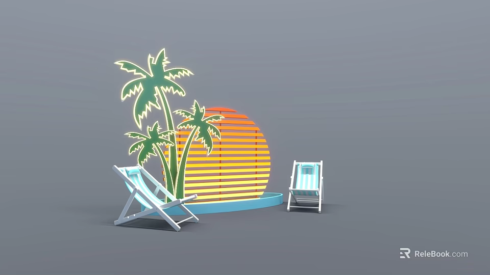 Commercial Outdoor Lounge Chairs With Palm Trees And Sunset Backdrop For Resort Spaces 3d model