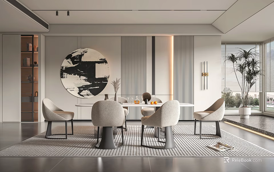 Elegant Modern Restaurant Interior With Round Dining Table Chairs And Decorative Artwork 3d model