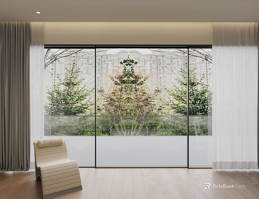 Modern Glass Sliding Doors In Interior With Wooden Floor Green Plants And Curtains 3d model 