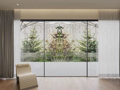 Modern Glass Sliding Doors In Interior With Wooden Floor Green Plants And Curtains 3d model