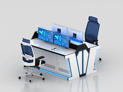 Modern Monitoring Room Control Console With Multiple Screens Blue Lighting And Ergonomic Chairs 3d model