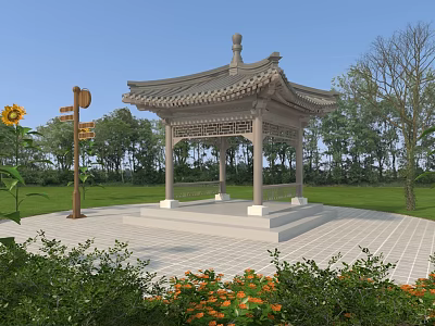 Traditional Chinese Pavilion with Classic Roof Stone Base Green Plants Sunflowers and Directional Sign 3d model