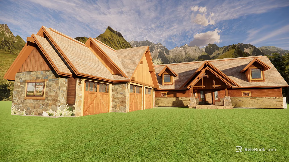 Detached Villa Featuring Brown Roof Wood Stone Exterior Green Lawn And Mountain Backdrop 3d model 