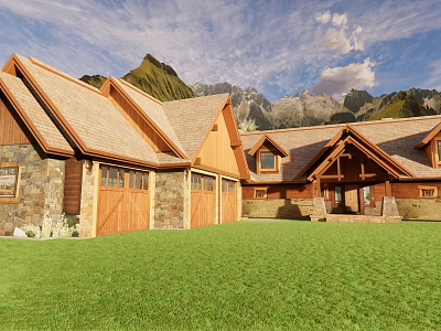 Detached Villa Featuring Brown Roof Wood Stone Exterior Green Lawn And Mountain Backdrop 3d model