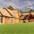 Detached Villa Featuring Brown Roof Wood Stone Exterior Green Lawn And Mountain Backdrop