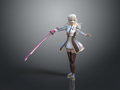 Game Anime Character With Blonde Hair Holding Pink Purple Long Sword In White Brown Outfit 3d model