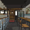 Modern Restaurant Interior With Open Kitchen Wooden Tables Bar Counter And Hanging Lights 3d model