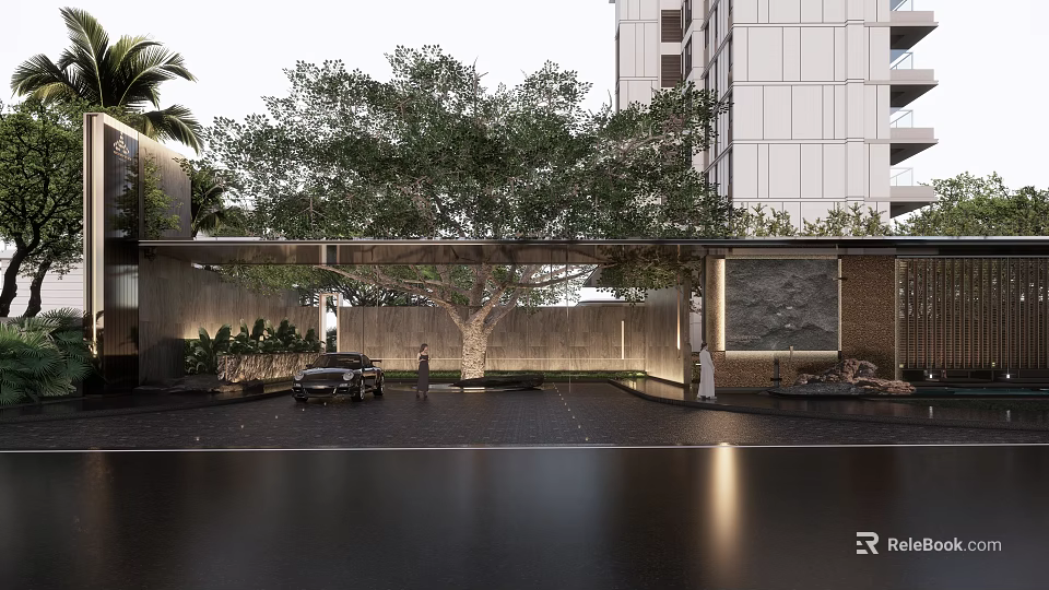 Modern Building Exterior Wall Featuring Large Tree Courtyard Paved Ground And Entrance 3d model 