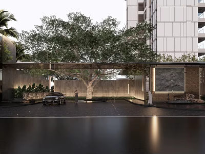 Modern Building Exterior Wall Featuring Large Tree Courtyard Paved Ground And Entrance 3d model