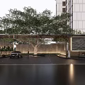 Modern Building Exterior Wall Featuring Large Tree Courtyard Paved Ground And Entrance