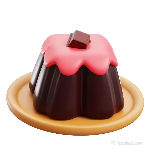 Chocolate Pudding with Pink Frosting and Small Chocolate Piece on Yellow Plate 3d model 