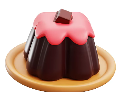 Chocolate Pudding with Pink Frosting and Small Chocolate Piece on Yellow Plate 3d model