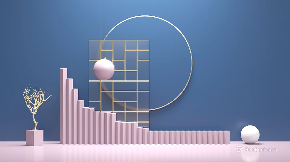 Modern Pink Stepped Display Shelf With Golden Circular Decor And Blue Background 3d model