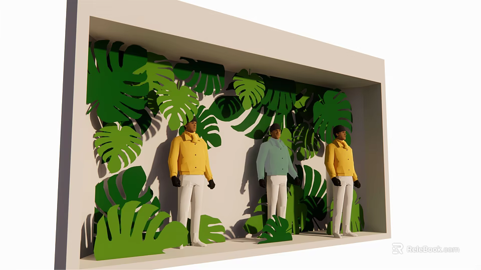 Window Display Featuring Green Tropical Leaves Three Mannequins in Yellow Blue Tops White Pants 3d model 