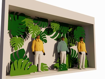 Window Display Featuring Green Tropical Leaves Three Mannequins in Yellow Blue Tops White Pants 3d model