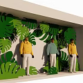 Window Display Featuring Green Tropical Leaves Three Mannequins in Yellow Blue Tops White Pants