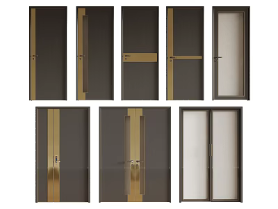 Modern Dark Swing Doors With Gold Metal Trim And Glass Panel Designs 3d model