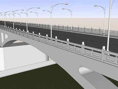 Modern Landscape Bridge with Street Lamps White Railing and Arched Design Over Green Grass 3d model