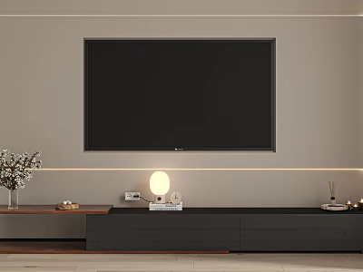 Modern TV Stand In Living Room With Wall Mounted TV And Decorative Accents 3d model