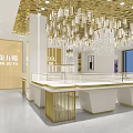 Luxurious Jewelry Store Interior Design With Golden Decor Crystal Chandelier And White Display Counters