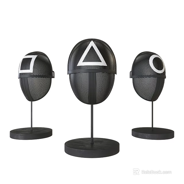 Three Black Mesh Helmets Featuring Square Triangle Circle Shapes on Stands 3d model 