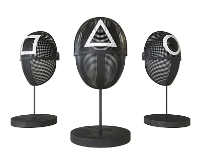 Three Black Mesh Helmets Featuring Square Triangle Circle Shapes on Stands 3d model