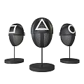 Three Black Mesh Helmets Featuring Square Triangle Circle Shapes on Stands 3d model