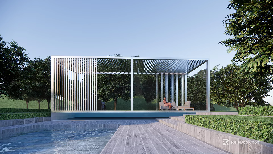 Modern Metal Pergola With Vertical Slat Design By Outdoor Poolside Greenery And Relaxation Space 3d model 