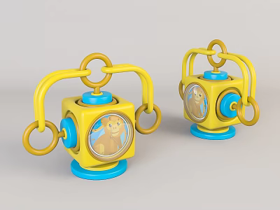 Two Yellow and Blue Toy Clocks with Ring Handles and Cartoon Character Design 3d model