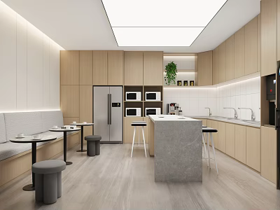 Modern Pantry Interior Design With Wooden Cabinets Counter Seating Coffee Machine And Plants 3d model