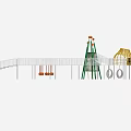 Modern Playground Equipment Featuring Curved Walkway Green Tower Yellow Mesh Dome and Orange Balls