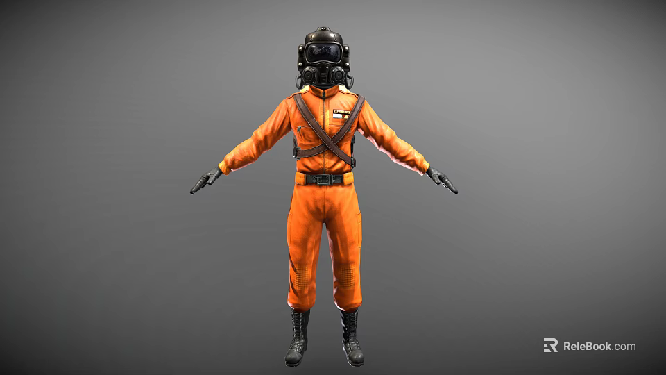 3D Space Pilot Character In Orange Jumpsuit With Black Helmet Goggles And Chest Insignia 3d model 