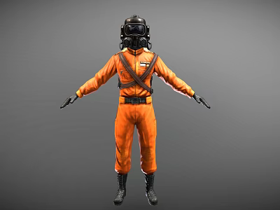 3D Space Pilot Character In Orange Jumpsuit With Black Helmet Goggles And Chest Insignia 3d model