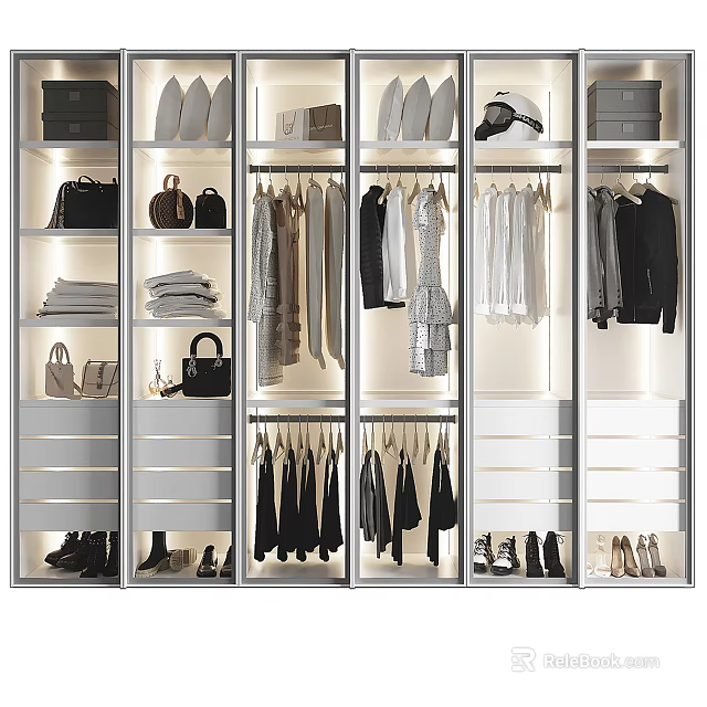 Modern Organized Closet Featuring Hanging Clothes Bags Shoes and Storage Drawers 3d model 