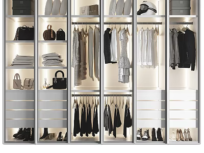 Modern Organized Closet Featuring Hanging Clothes Bags Shoes and Storage Drawers 3d model