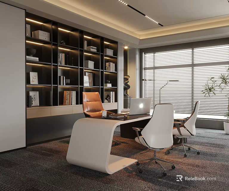Modern Office Interior With Bookshelves Desk Laptop Chairs And Window Blinds 3d model 