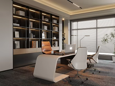 Modern Office Interior With Bookshelves Desk Laptop Chairs And Window Blinds 3d model