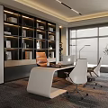 Modern Office Interior With Bookshelves Desk Laptop Chairs And Window Blinds