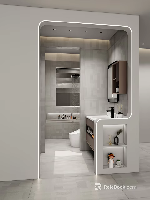 Modern Bathroom Interior With Vanity Mirror Cabinet And Toilet 3d model 