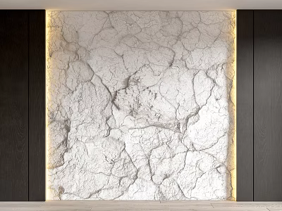 White Cracked Stone Background Wall With Illuminated Edges And Dark Wood Panels 3d model
