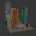 Cartoon Scene With Decorative Tall Building Models And Multiple Tower Structures