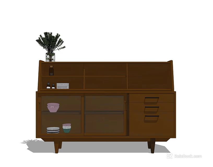 Dining Table Set With Brown Wooden Sideboard Glass Doors Drawers And Potted Plant On Top 3d model 