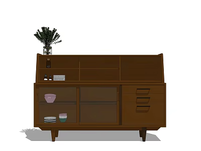 Dining Table Set With Brown Wooden Sideboard Glass Doors Drawers And Potted Plant On Top 3d model