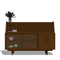 Dining Table Set With Brown Wooden Sideboard Glass Doors Drawers And Potted Plant On Top