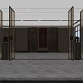 Elegant Front Desk Reception Area With Marble Counter Hanging Lights Wooden Shelves And Green Plant