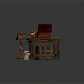 Antique Study Room Setup With Wooden Table Chair Balance Scale Books And Trunk