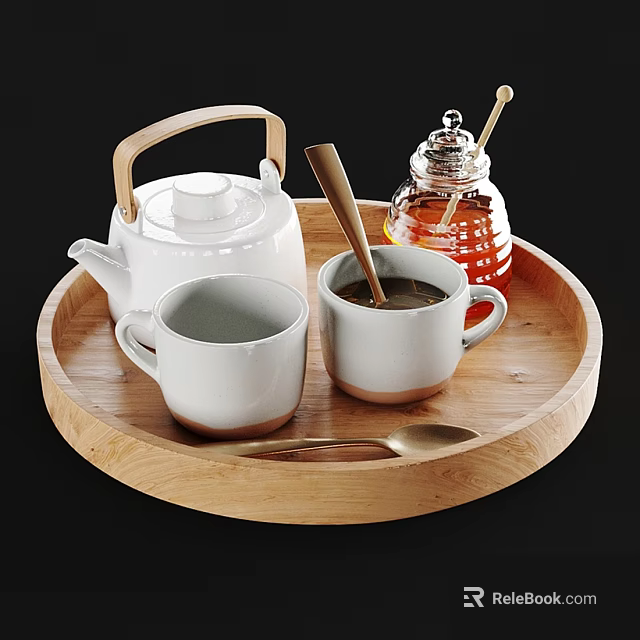 Coffee Table Featuring Wooden Tray With White Teapot Cups Honey Jar And Spoon 3d model 