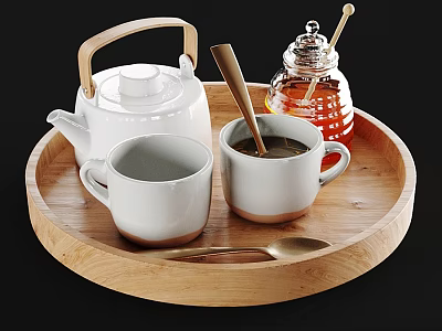 Coffee Table Featuring Wooden Tray With White Teapot Cups Honey Jar And Spoon 3d model