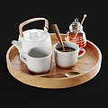Coffee Table Featuring Wooden Tray With White Teapot Cups Honey Jar And Spoon