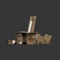 Open and Stacked Cardboard Boxes with Packing Materials on Dark Surface 3d model